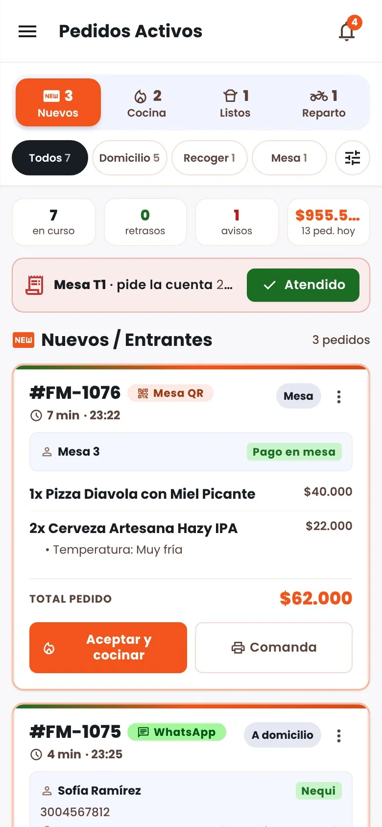 Pantalla de cocina con los pedidos nuevos