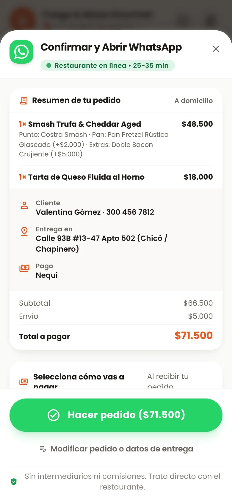 Confirmación del pedido para enviarlo por WhatsApp